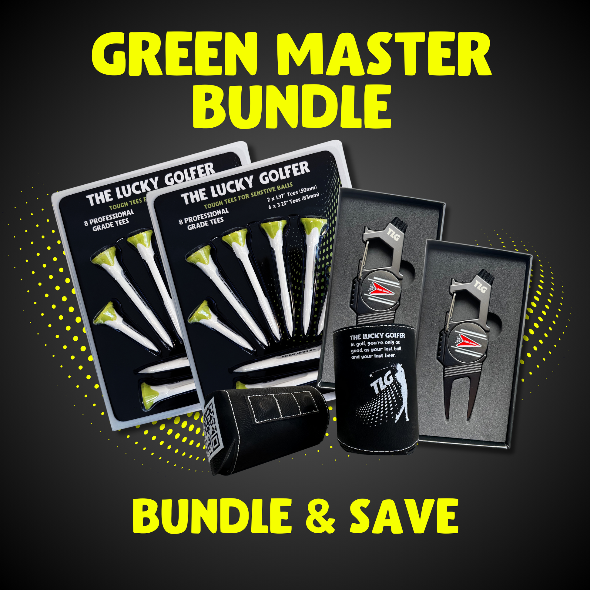 Golf bundle with multi-function metal divot tool for golf, magnetic stubby coolers and professional tough plastic tees The Lucky Golfer