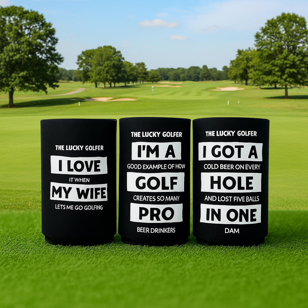Three black mugs with humorous golf-themed sayings on a grassy background