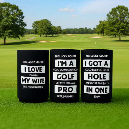 Three black mugs with humorous golf-themed sayings on a grassy background