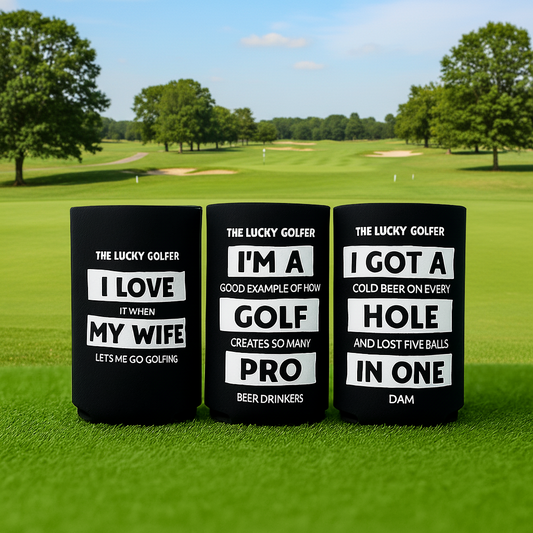 Three black mugs with humorous golf-themed sayings on a grassy background