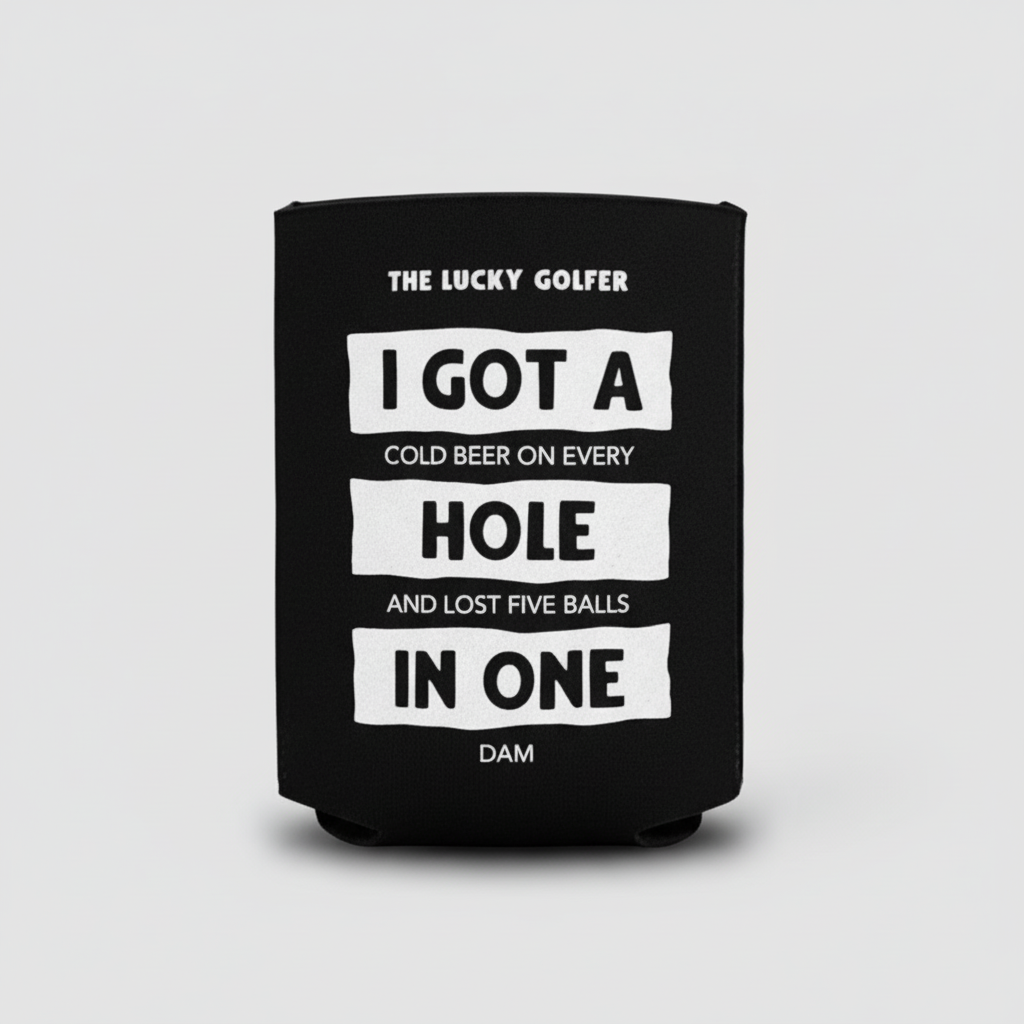 Black can cooler with humorous text design on a transparent background