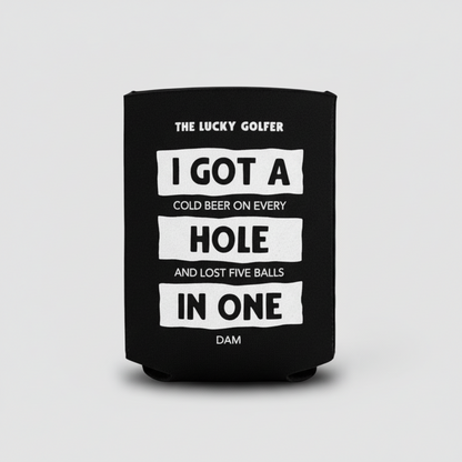 Black can cooler with humorous text design on a transparent background