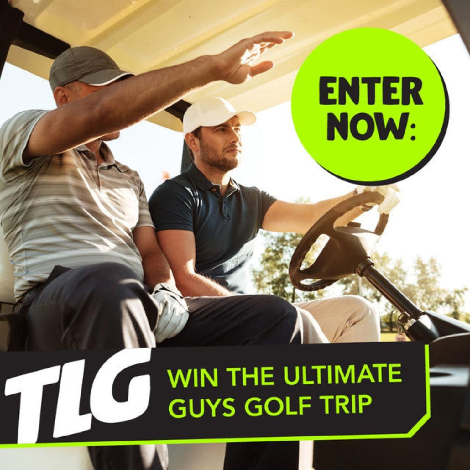 Guys on golf cart to win The Lucky Golfer ultimate holiday